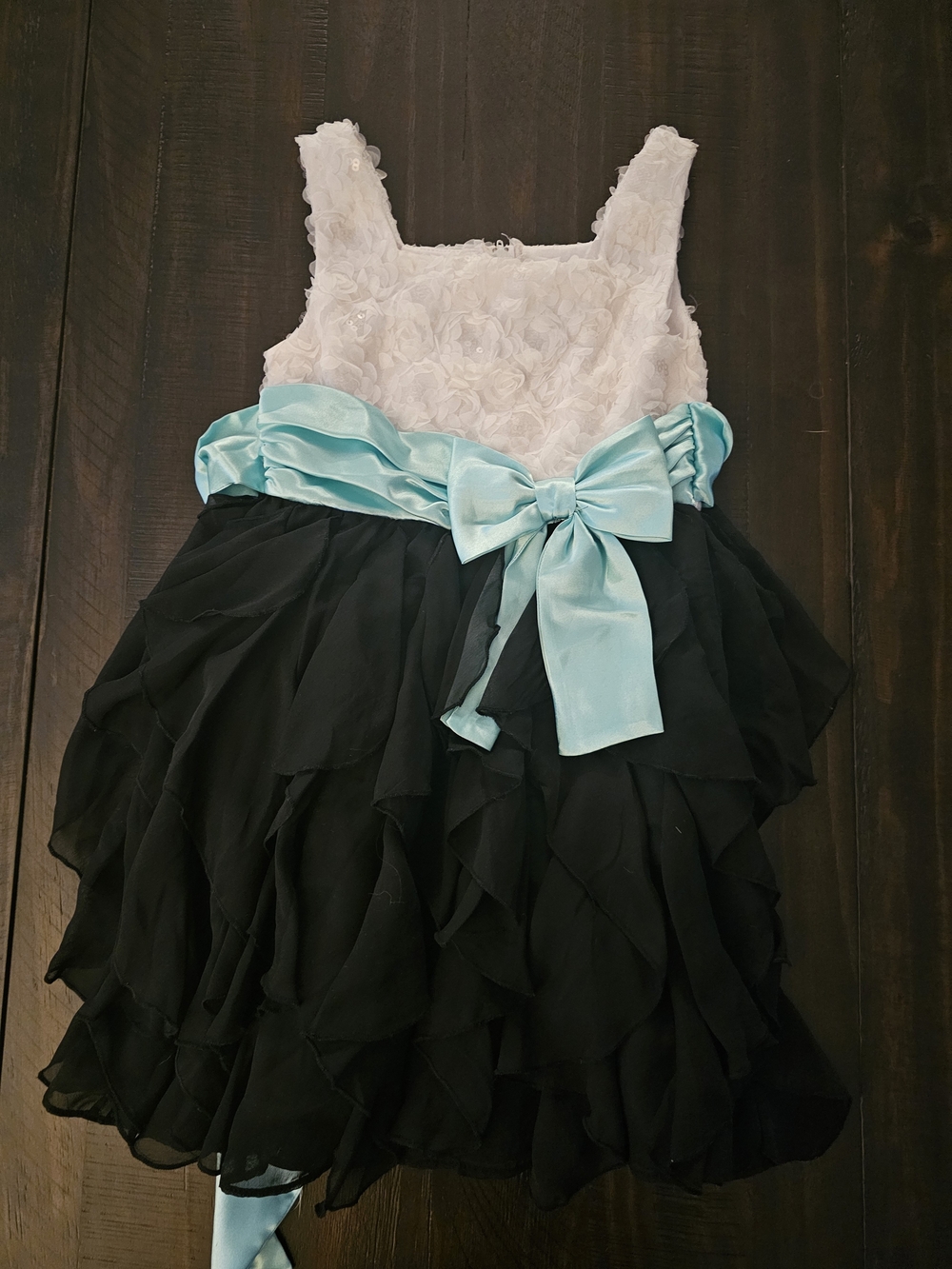 Rare Editions Black & White Ruffle Dress with Aqua Sash
